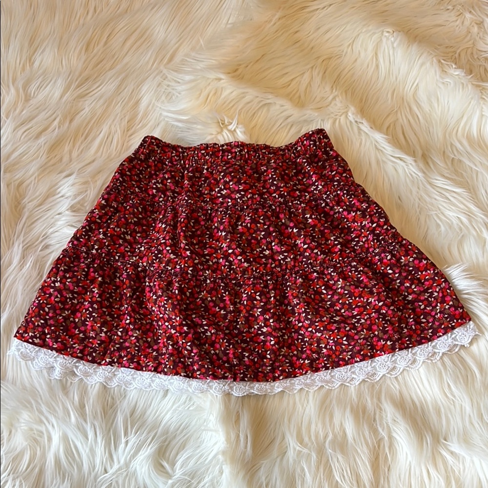 H&M girls Floral Red Corduroy Skirt with Lace Trim